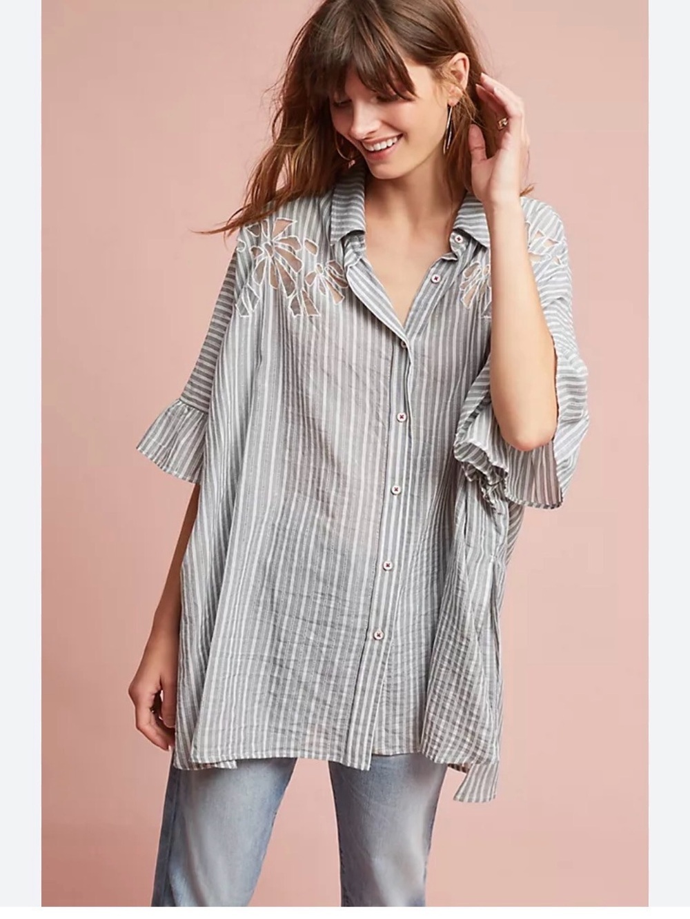 Anthropologie Maeve Betty Oversized Buttondown Blue White Stripe Blouse S Boho